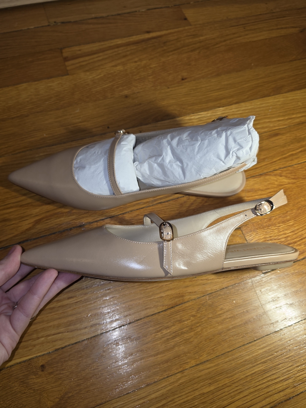 New Stuart Weitzman Emilia Beige Leather Flats 8W - Picture 5 of 7